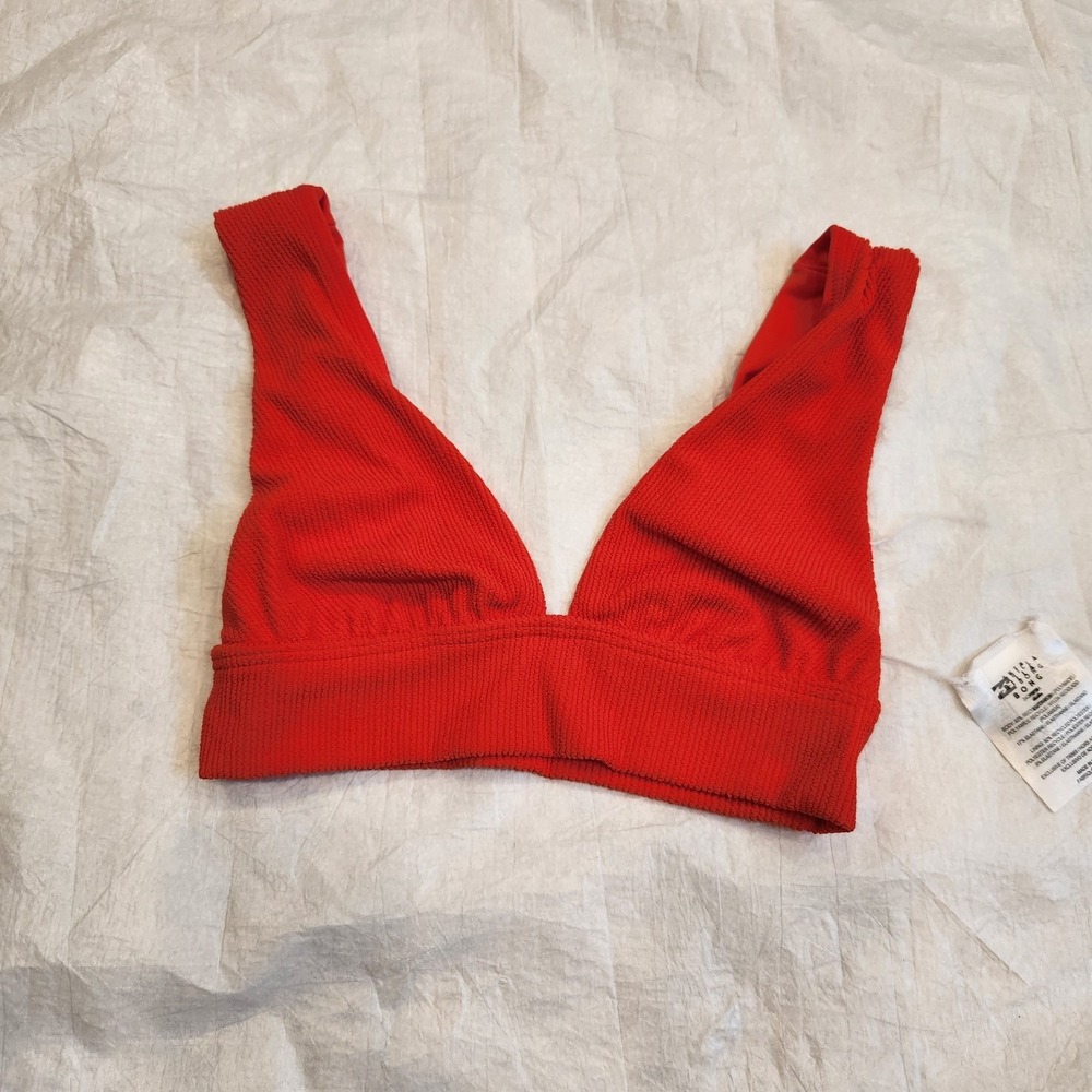 New Billabong Red Aloha Crinkle Plunge Bikini Top XS Fixed Triangle Texture Swim